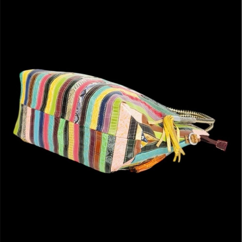 Caerlif Blue & Yellow Snake Embossed Stripe Leather Tote - Brand New - Picture 6 of 7